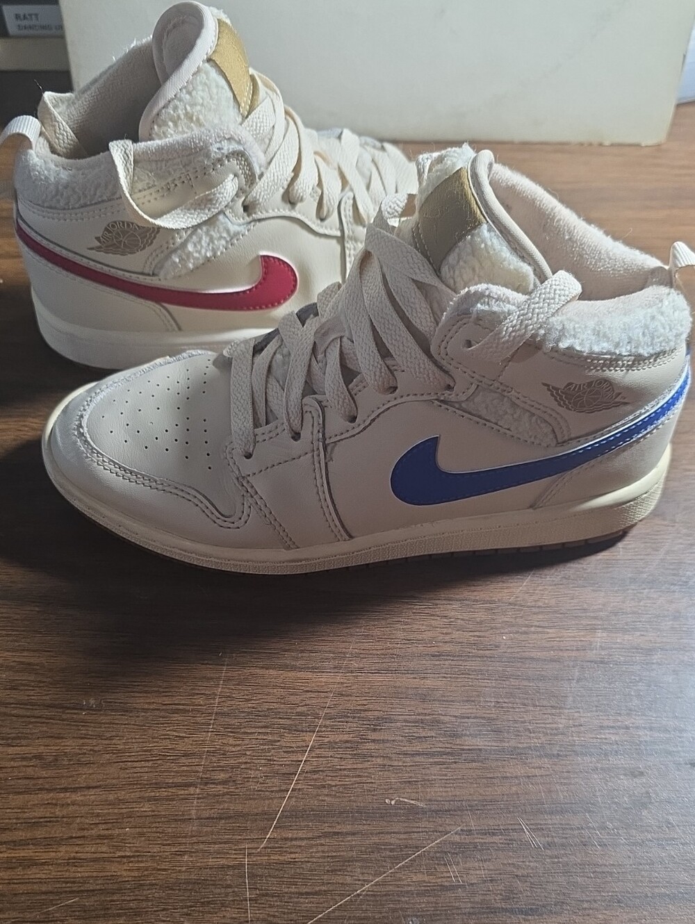 Nike Kids Cream High-Top Sneakers with Blue and Pink Swooshes